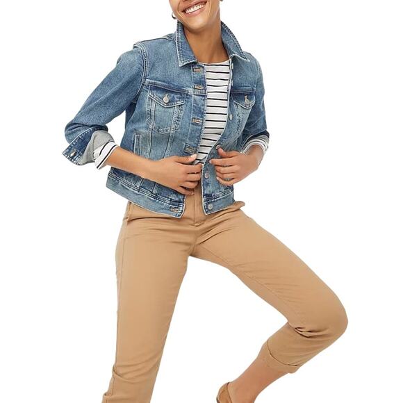 J.Crew Classic Denim Jacket in Medium/Dark Wash Lightning Bolt Design Size XS - Picture 6 of 13